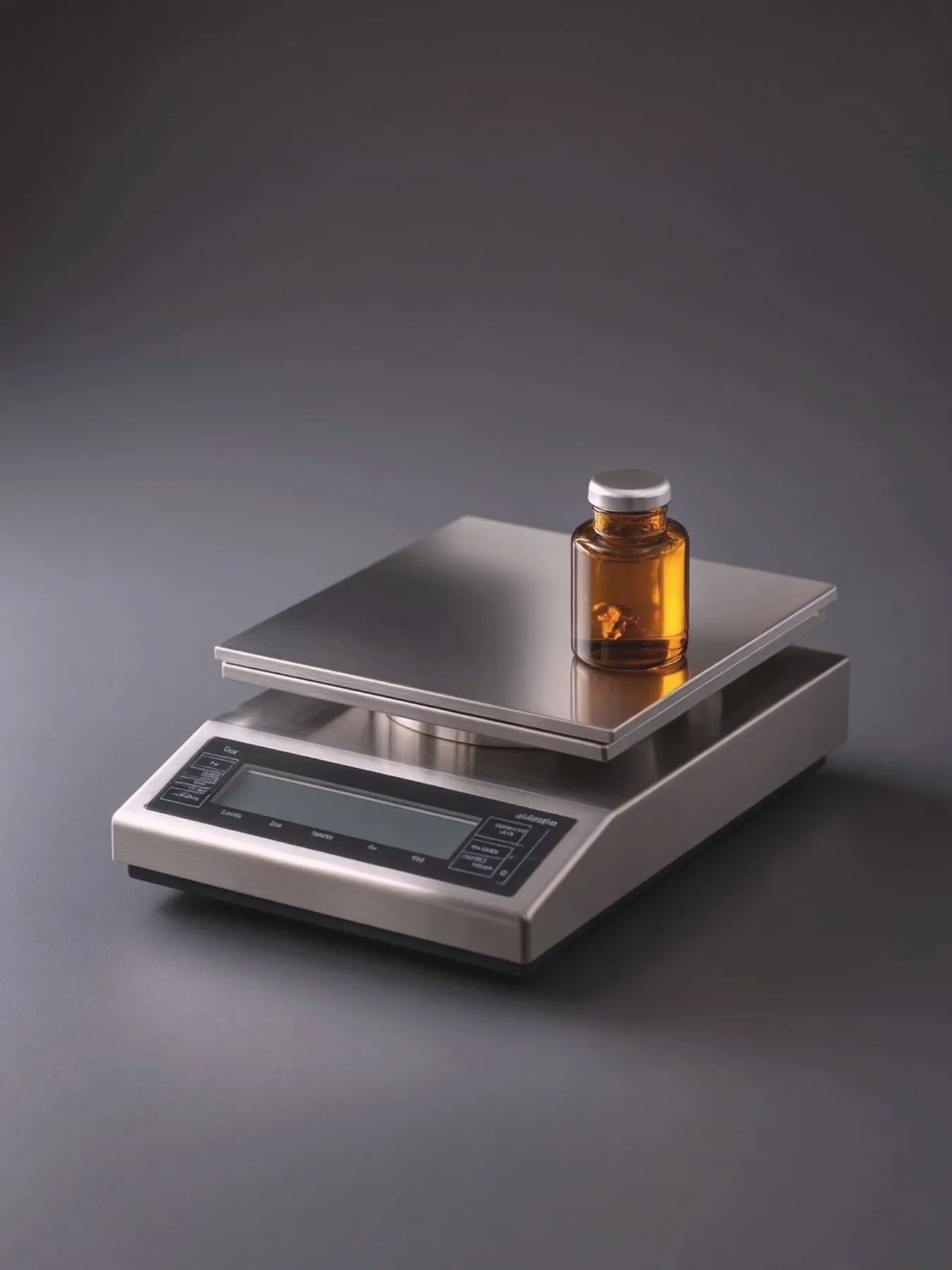 An analytical balance weighing an amber glass vial