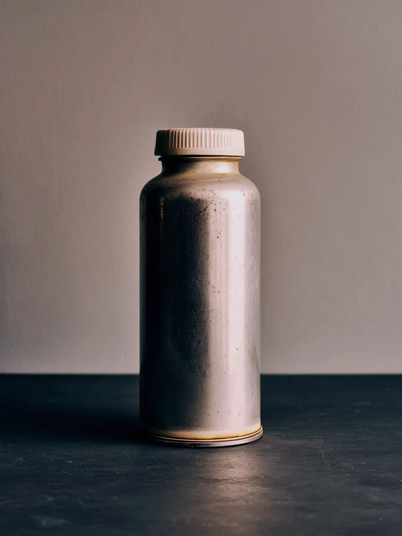 A brushed aluminium storage canister for fragrance concentrate